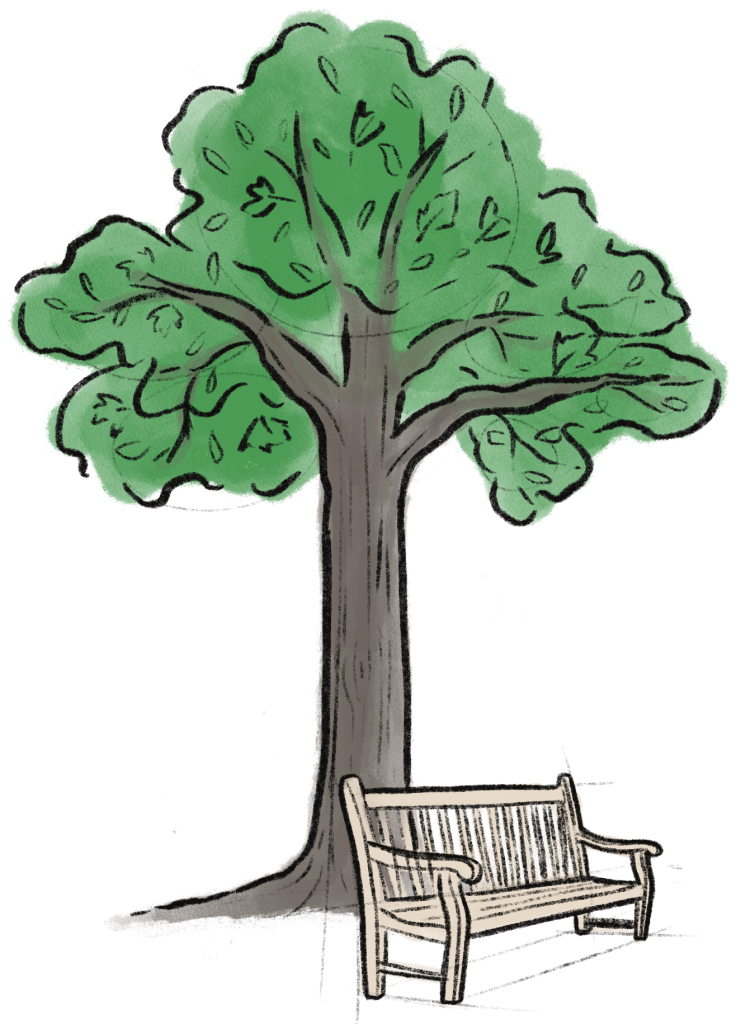 Illustration of a park bench under a leafy tree